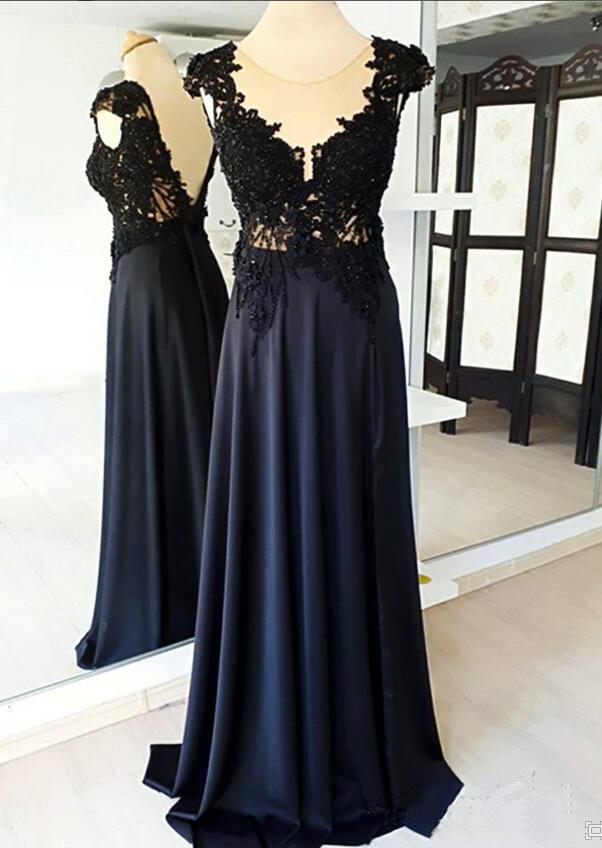 Custom Made Navy Blue Satin Long Prom Dress With Black Lace Women Dress, Formal Evening Dress 2020
