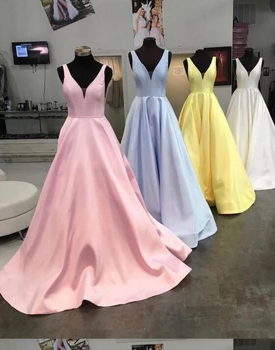 Sexy V-neck Pink Satin Long Prom Dresses A Line Women Party Gowns Custom Made Evening Party Gowns