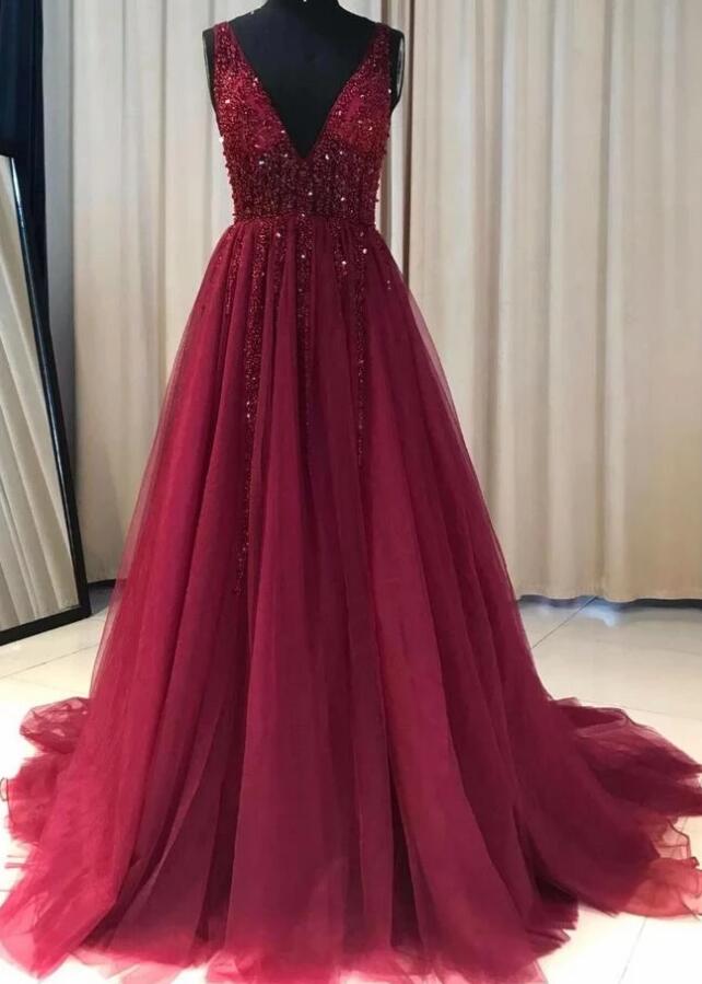 Beaded Burgundy Tulle A Line Long Evening Dresses Custom Made Formal Evening Gowns , Women Gowns 2020