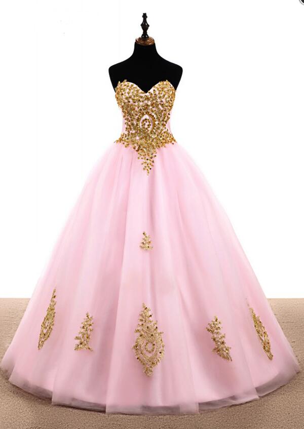 Off Shoulder Pink Tulle A Line Long Prom Dresses With Gold Lace Beaded Quinceanera Party Gowns Sexy Quinceanera Party Gowns