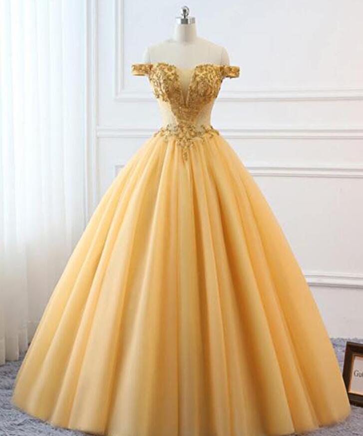 Plus Size Gold Champagne Ball Gown Quinceanera Dresses With Beaded Sweet 16 Quinceanera Party Gowns , Long Prom Dresses 2020