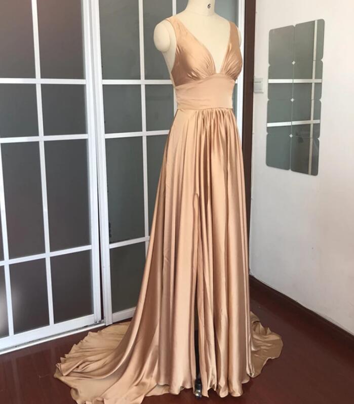 Champagne Satin A Line Long Prom Dresses Custom Made Women Gowns , Women Party Gowns ,