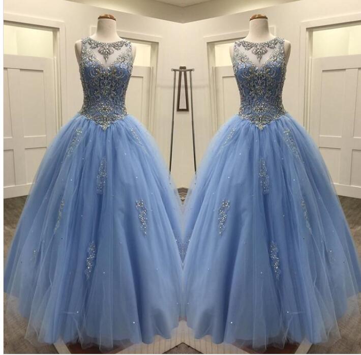 Luxury Beaded Blue Tulle A Line Quinceanera Dresses 2020 Custom Made Backless Women Party Gowns , Long Prom Party Gowns
