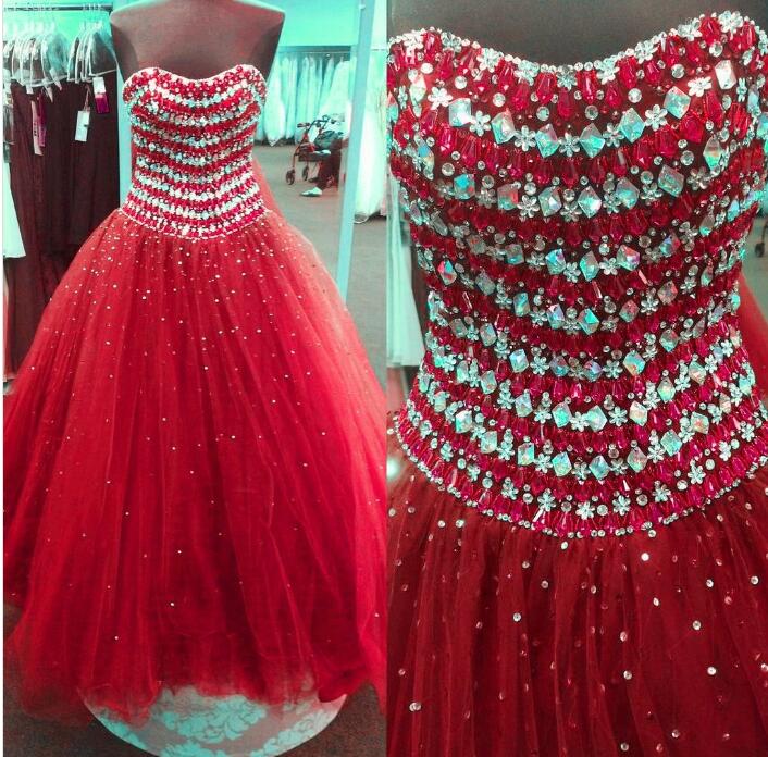 Luxury Beaded Crystal Red Tulle A Line Quinceanera Dresses,sweet 16 Quinceanera Gowns , Long Prom Party Gowns