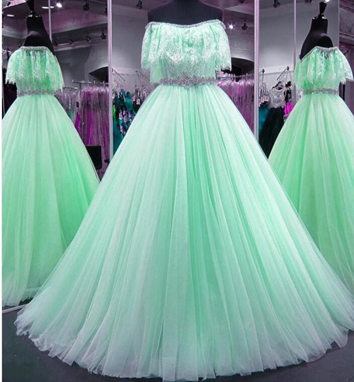 Mint Green Tulle A Line Women Prom Dresses , Wedding Guest Gowns ,sexy Quinceanera Gowns