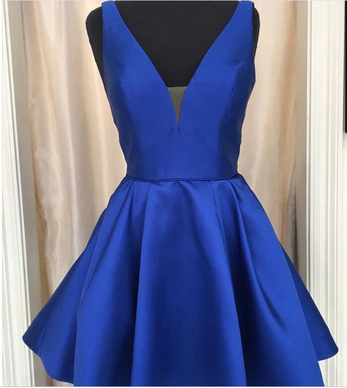 Royal Blue Satin Short Homecoming Dress A Line Mini Party Gowns , Short Pageant Party Gowns