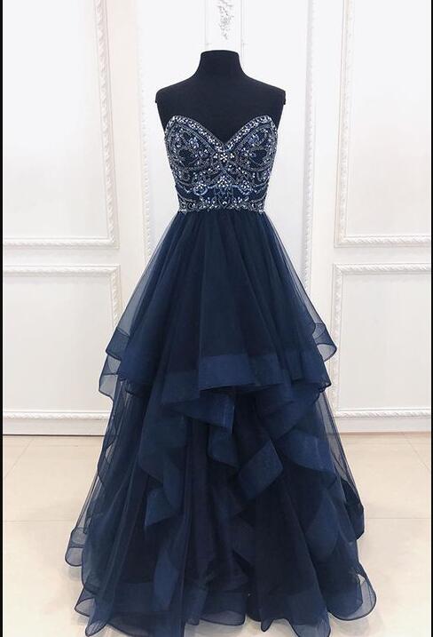 Navy Blue Tulle A Line Beaded Long Prom Dresses Custom Made Women Party Gowns , Formal Evening Dress, Long Evening Gowns