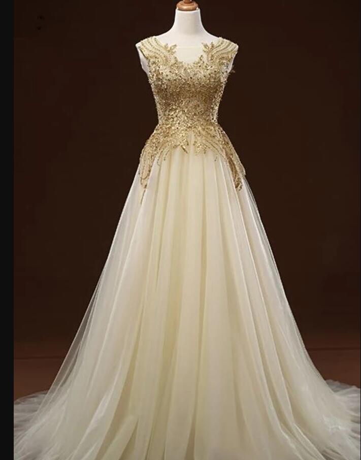 Plus Size Formal Evening Dress With Gold Lace Appliqued Women Party Gowns , Long Prom Party Gowns