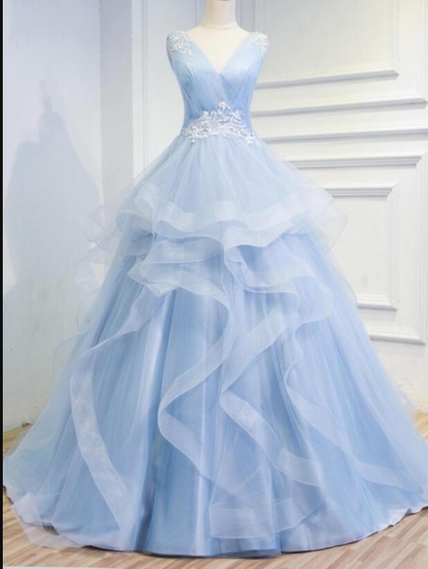 Light Blue Tulle Ruffle A Line Quinceanera Dresses Custom Made Women Party Gowns , Long Prom Gowns