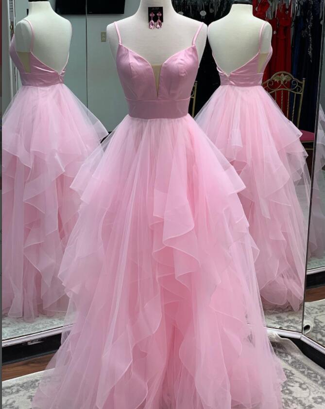 Spaghetti Strap Pink Organza A Line Long Prom Dresses Custom Made Women Party Gowns , Long Evening Dress