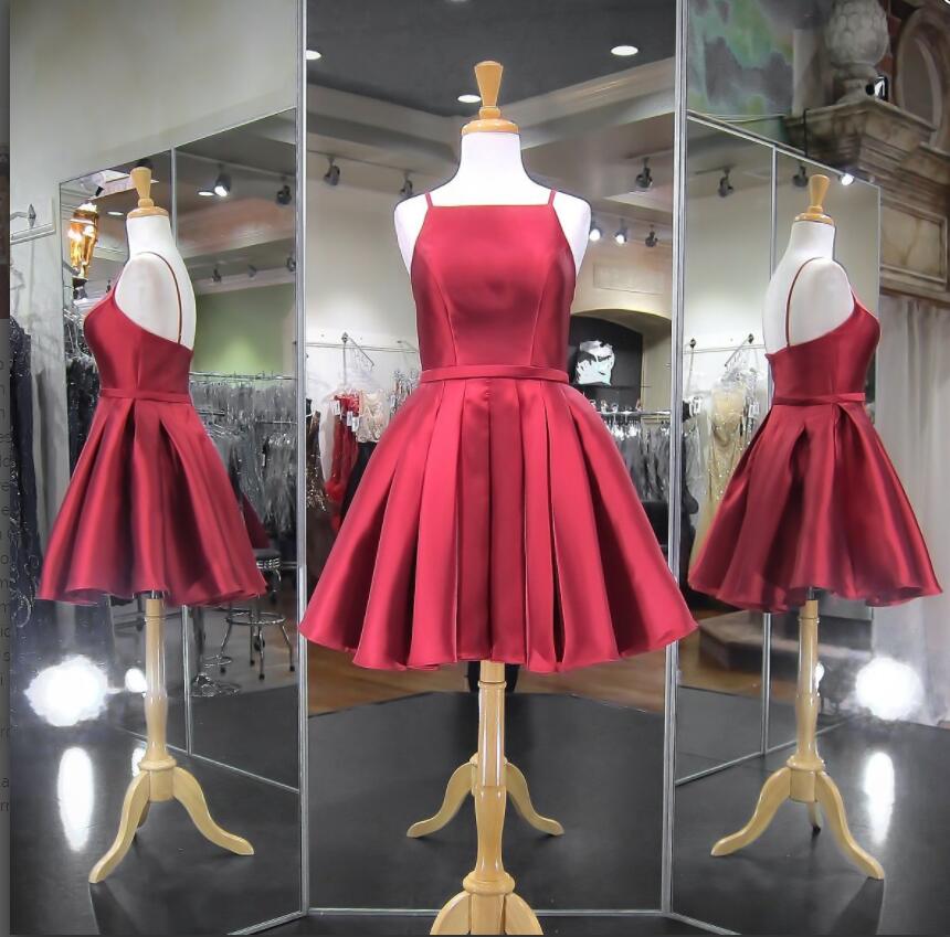 Burgundy Satin Short Homecoming Dress For Dance School Dress Custom Made Party Gowns , Short Cocktail Gowns