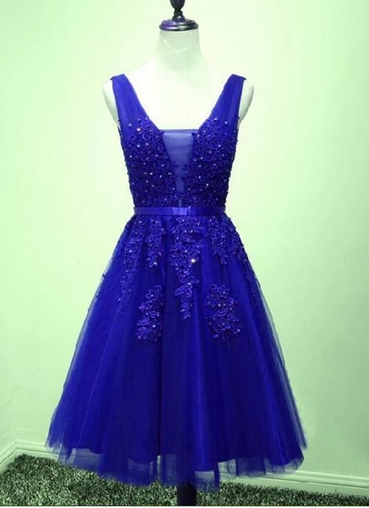 Royal Blue V-neck Lace Beaded Short Homecoming Dress Backless Mini Party Gowns Custom Made Cocktail Party Gowns 2020