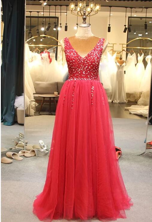 Sexy V-neck Red Tulle Beaded Long Prom Dresses Custom Made Prom Party Gowns Custom Made Evening Party Gowns 2020