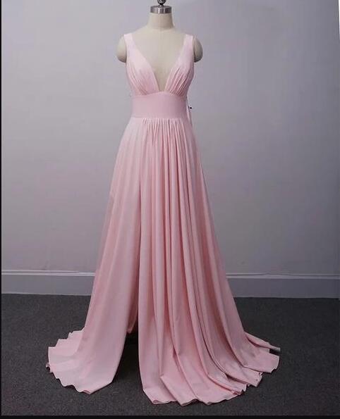 V-neck Light Pink Satin Long Prom Dress Custom Made Prom Party Gowns ,simple Formal Gowns