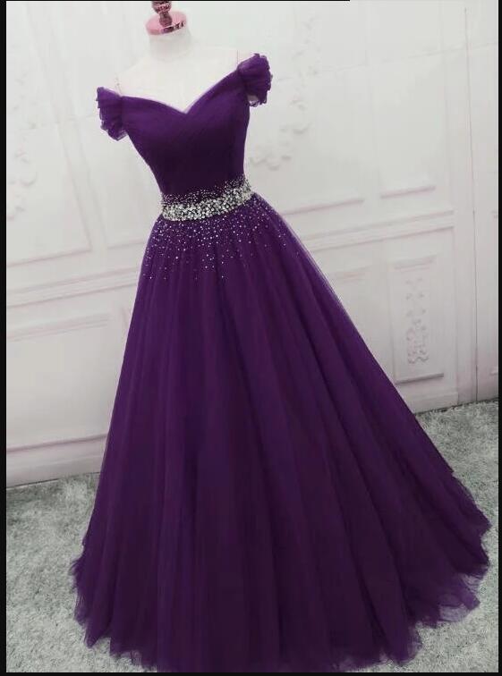 Custom Made Purple Beaded A Line Long Prom Dresses , Sweet 16 Prom Party Gowns ,plus Size Women Gowns