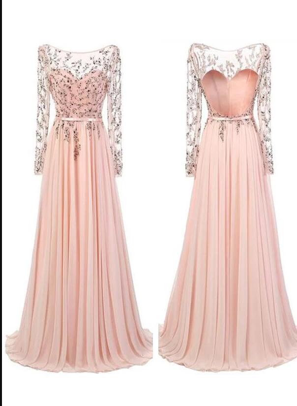 Beaded Chiffon Long Prom Dress With Long Sleeve 2020formal Women Gowns ,a Line Prom Dresses