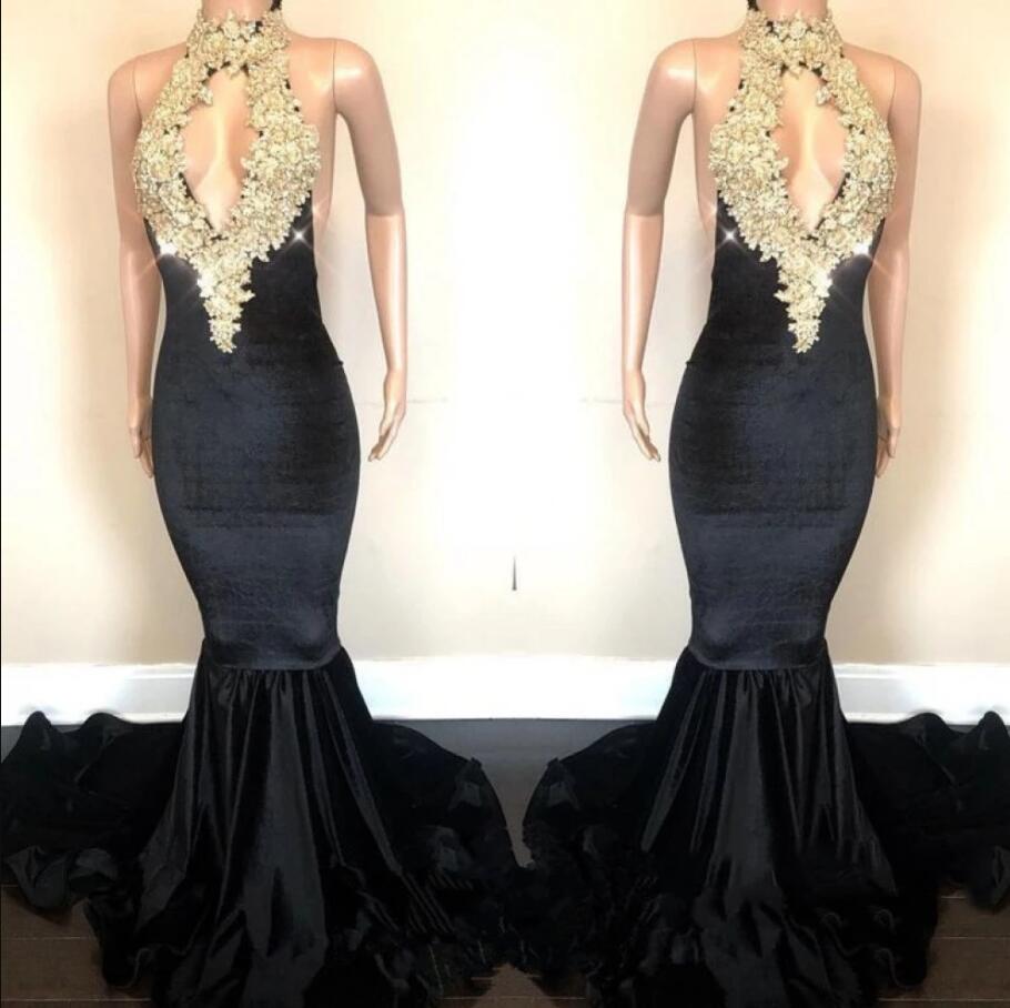 Plus Size Sexy Halter Black Mermaid Prom Dress With Lace Appliqued Prom Party Gowns , Black Mermaid Evening Dress