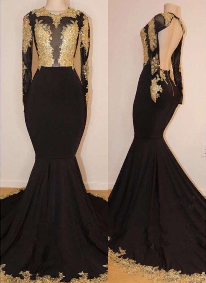 Black Satin Mermaid Prom Dresses With Gold Lace Appliqued Custom Made Women Party Gowns , Evening Gowns