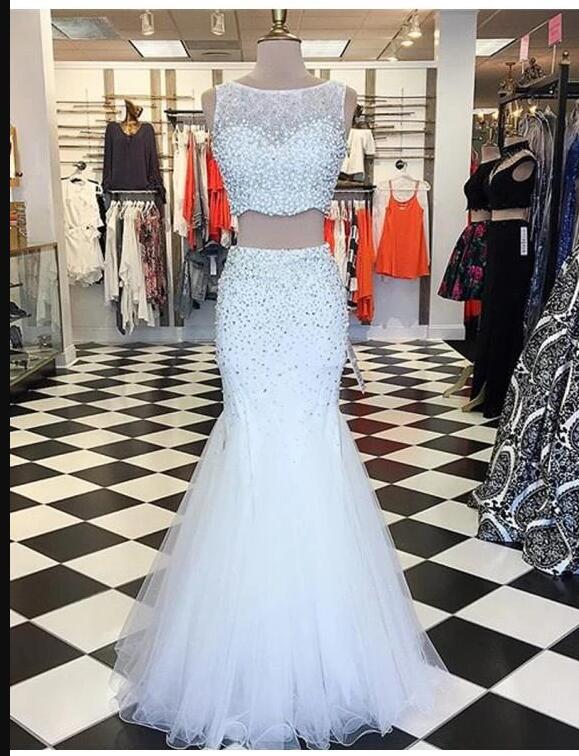 White Tulle Beaded Mermaid Prom Dress 2020 Custom Made Long Party Gowns ,2 Pieces Long Homecoming Gowns For Teens