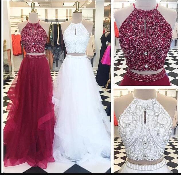 Custom Made Burgundy Beaded Corset Two Pieces Long Prom Dresses A Line Prom Party Gowns , Pageant Gowns
