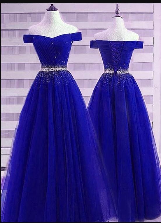 Royal Blue Tulle Beaded Long Prom Dress Sweet Women Party Gowns ,custom Made Party Gowns 2020
