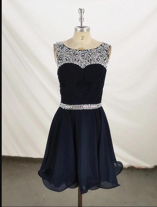 Off Shoulder Navy Blue Beaded Short Homecoming Dress A Line Mini Cocktail Party Gowns , Party Gowns