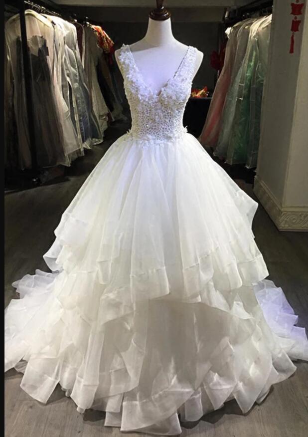 New Arrival White V-Neck Organza A Line China Wedding Dresses ,Cheap Bridal Gowns 