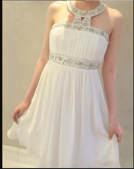 Sexy White Chiffon Beaded Crew-neck Sheer Short Homecoming Dress For Teens ,short Party Gowns For Girls ,sweet16 Prom Party Gowns