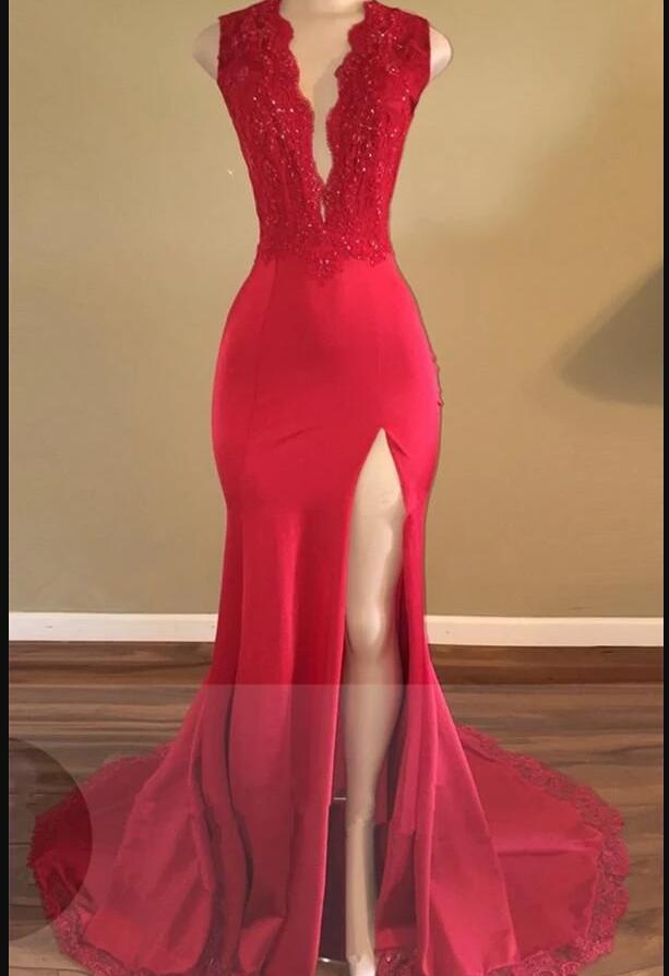 Off Shoulder Red Satin Lace Mermaid Prom Dress Backless Sexy Simple Prom Party Gowns ,sweep Train Evening Dresses