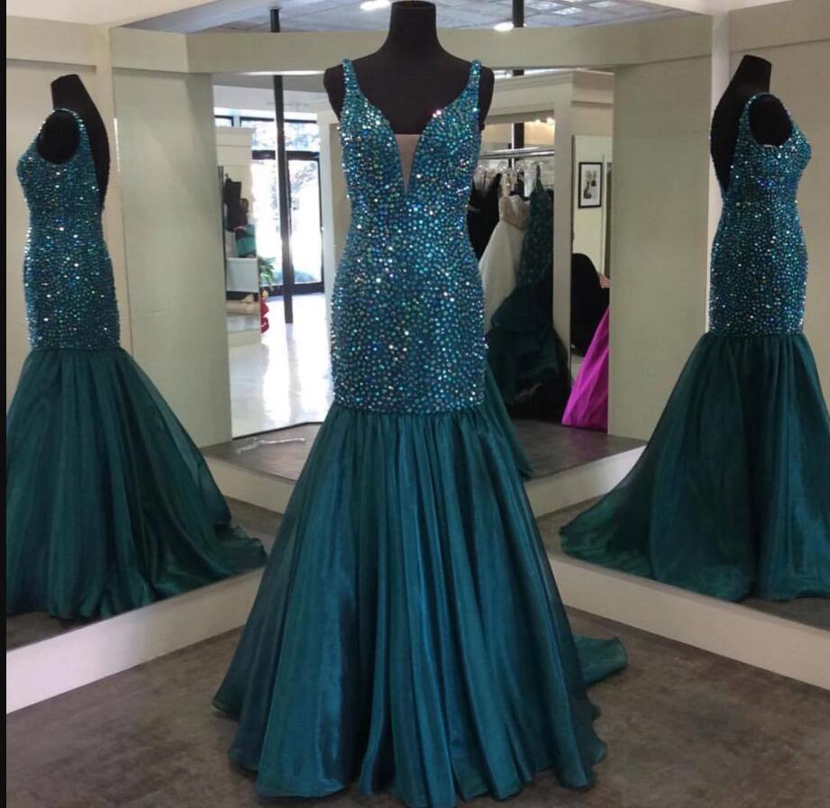 Luxury Beaded Crystal Mermaid Prom Dress Floor Length Women Party Gowns ,plus Size Evening Party Gowns