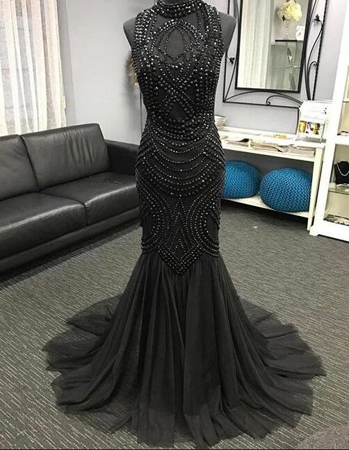 Sexy High Neck Black Beaded Sheath Long Prom Dresses Custom Made Women Party Gowns , Long Evening Dresses 2020