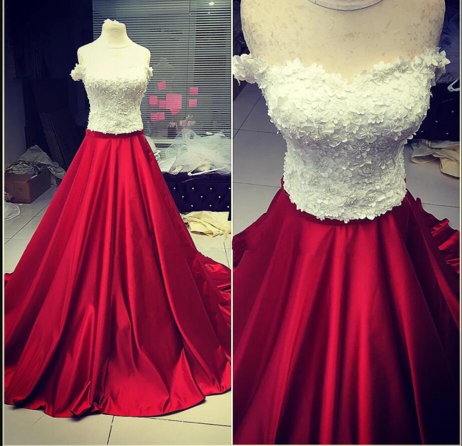 Custom Made Floral Lace A Line Quinceanera Dress Red Satin Long Prom Party Gowns ,sweet 16 Prom Gowns