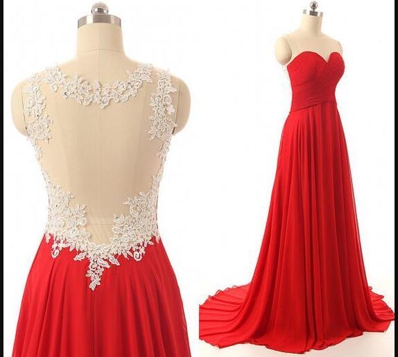 Red Chiffon Sheer Neck Prom Dress A Line Prom Party Gowns Plus Size Evening Gowns