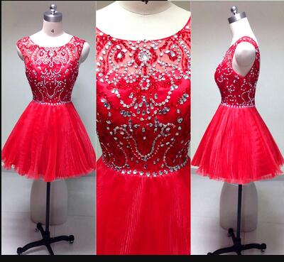 Fashion Red Tulle Beaded Scoop Neck Short Homecoming Dress Above Length Mini Party Gowns , Party Gown For Teens
