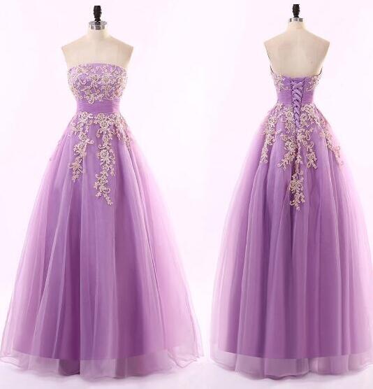 A Line Purple Tulle Long Prom Dresses With Lace Appliqued Custom Made Women Party Gowns ,2020 Party Gowns