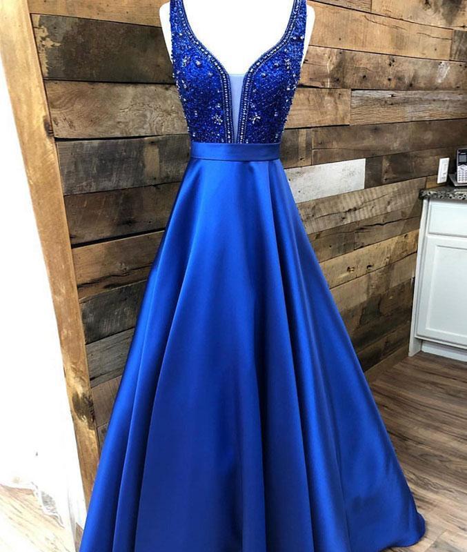 Custom Made Lace A Line Lace Prom Dresses Royal Blue Satin Prom Party Gowns, Formal Women Dress