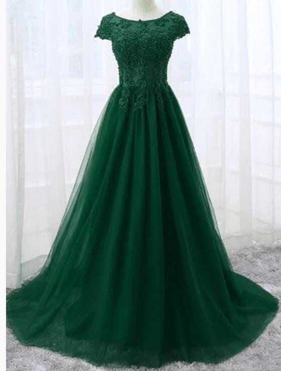 Green Tulle Lace Prom Dresses Caped Sleeve Custom Made Women Gowns ,lon G Evening Gowns ,.