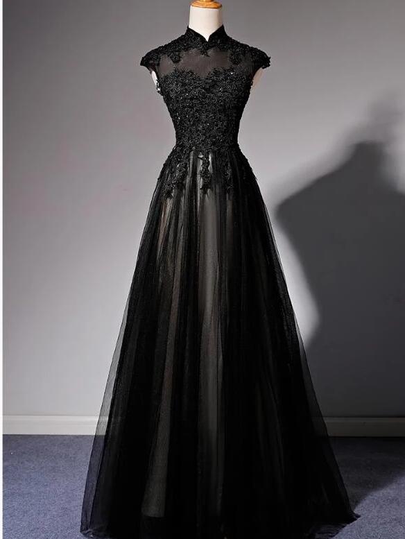 Black High Neck Lace A Line Long Prom Dresses Custom Made Womem Party Gowns , Women Gowns , Long Dress For Teens 2020
