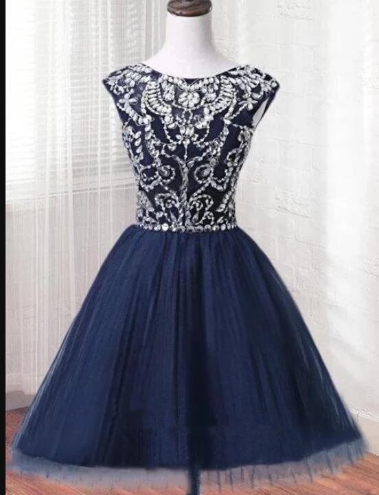 Scoop Neck Beaded Navy Blue Short Homecoming Dress A Line Sexy Backless Mini Party Gowns ,short Cocktail Gowns