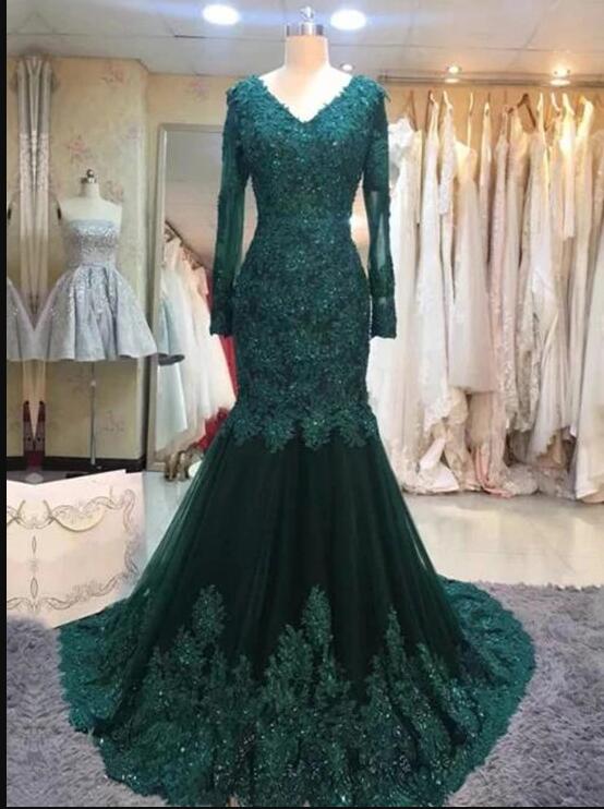 Sexy V-neck Green Tulle Lace Mermaid Evening Dresses With Lace Appliqued Custom Made Women Party Gowns ,long Prom Gowns