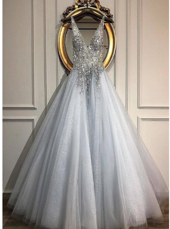 Fashion Silver Satin Beaded A Line Long Prom Dresses Custom Made Women Party Gowns , Prom Gowns With Crystal