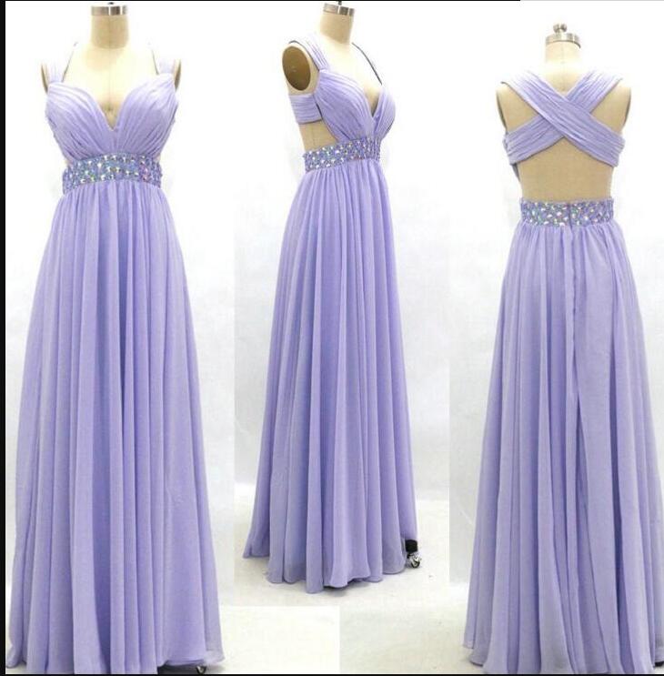 Sexy Light Savender Chiffon Beaded Long Prom Dress Simple Backless Bridesmaid Dress Custom Made Party Gowns