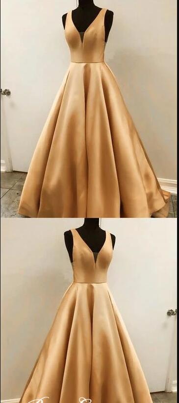 Gold Satin A Line Women Dress, A Line Prom Dresses,custom Made Evening Party Gowns