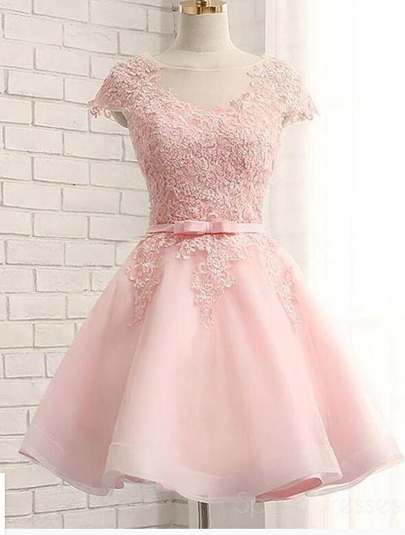 Sexy Light Pink Lace Short Homecoming Dress Scoop Neck Mini Party Gowns ,short Cocktail Gowns ,