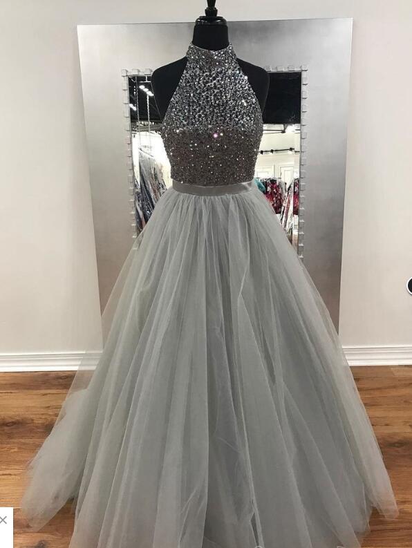 Luxury Beaded Halter Tulle Long Prom Dress A Line Women Party Gowns Custom Made Party Gowns 2020 Formal Evening Dress