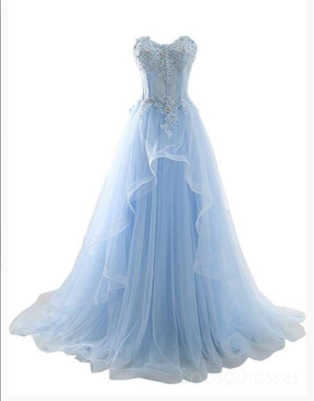 Off Shoulder Light Sky Blue Tulle Lace Long Prom Dress A Line Women Party Gowns , Formal Evening Dresses
