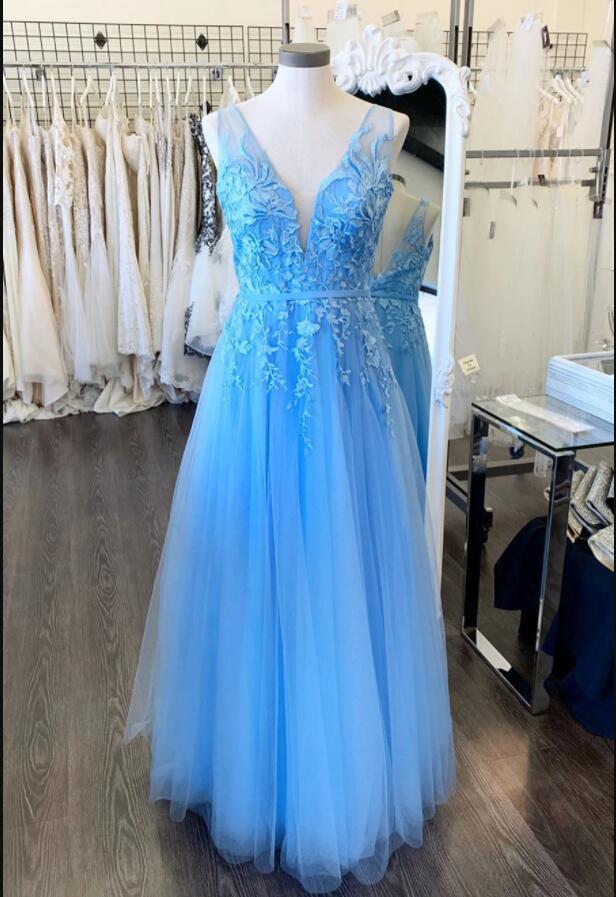 Blue Lace A Line Long Prom Dress 2020 Custom Made Women Party Gowns ,wedding Party Gowns