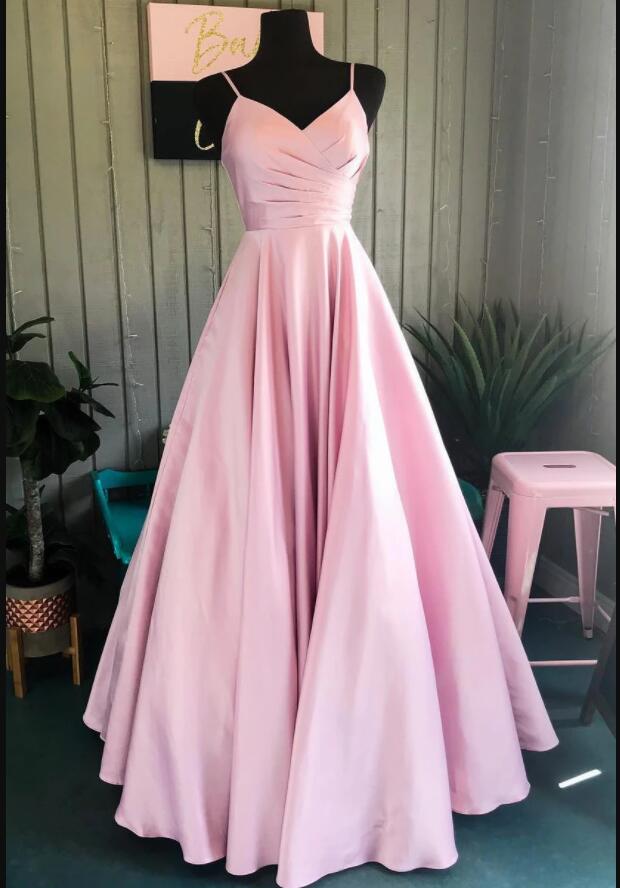 Pink Satin A Line Long Prom Dresses Custom Made Women Party Gowns Evening Gowns