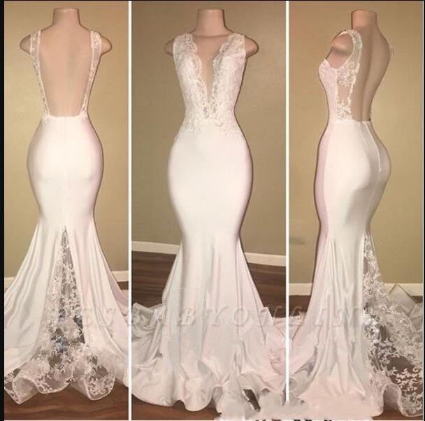 Plus Size Sexy Backless White Lace Mermaid Prom Dresses V-neck Prom Gowns ,mermaid Evening Gowns