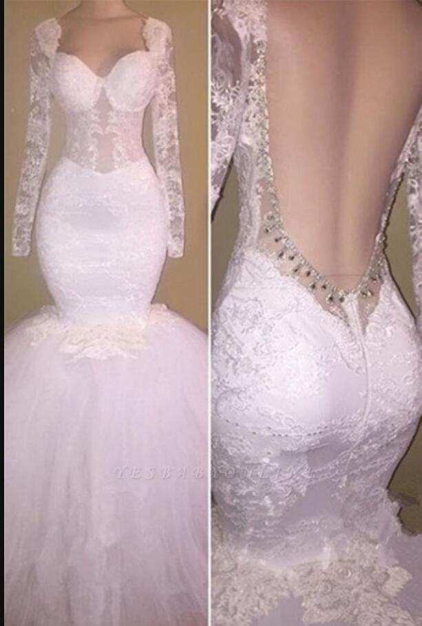 White Lace Mermaid Prom Dress Sexy Backless Women Party Gowns With Long Sleeve ,2020 Wedding Guest Gowns